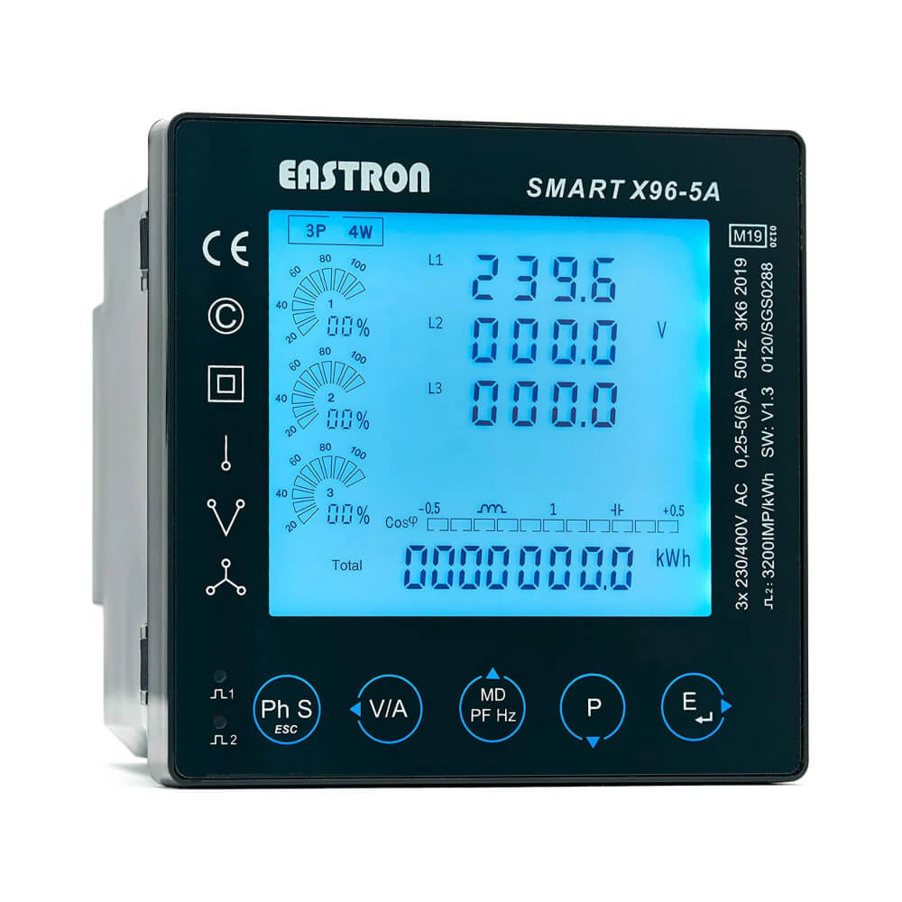 Eastron SMART X96-5 panel-mounted three-phase multifunction energy meter with MID certification and Modbus RS485.