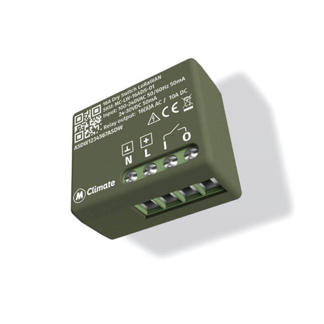 MClimate 16A Dry Switch LoRaWAN miniature smart relay for volt-free control and power monitoring.