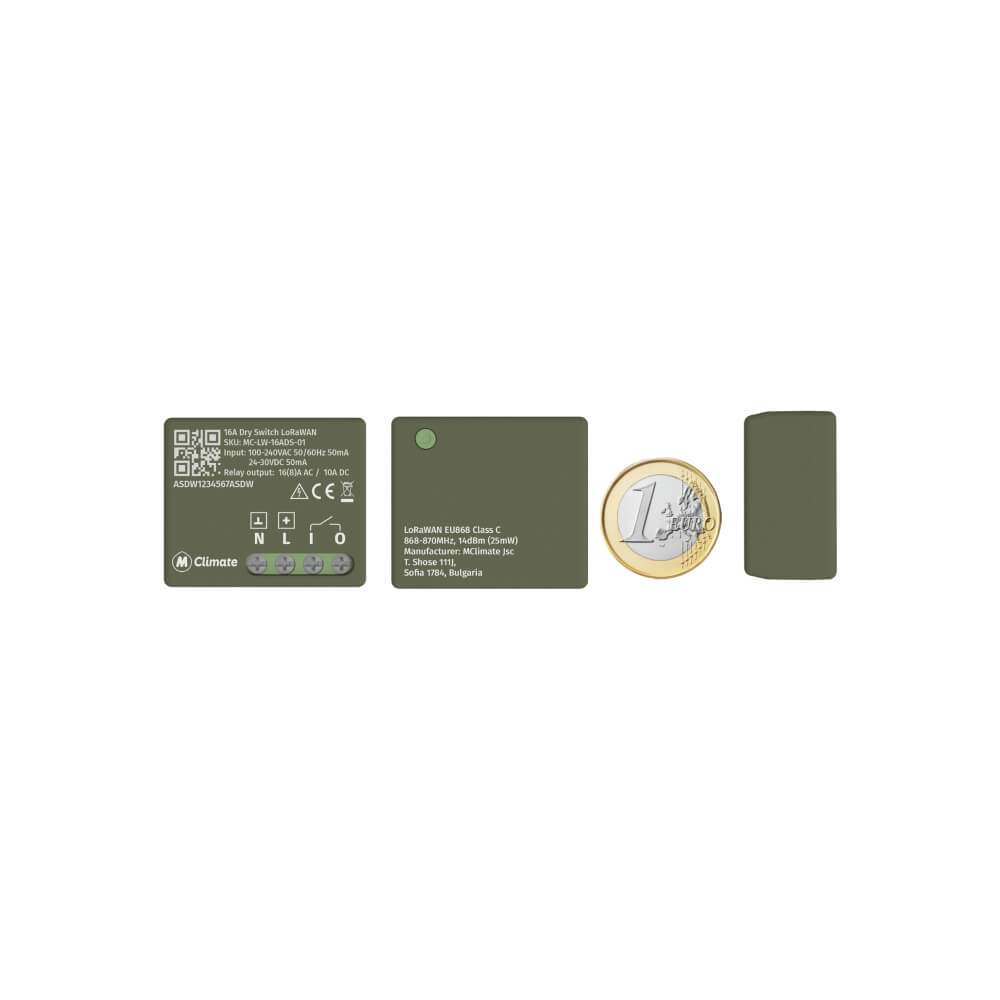 MClimate 16A Dry Switch LoRaWAN miniature smart relay for volt-free control and power monitoring.