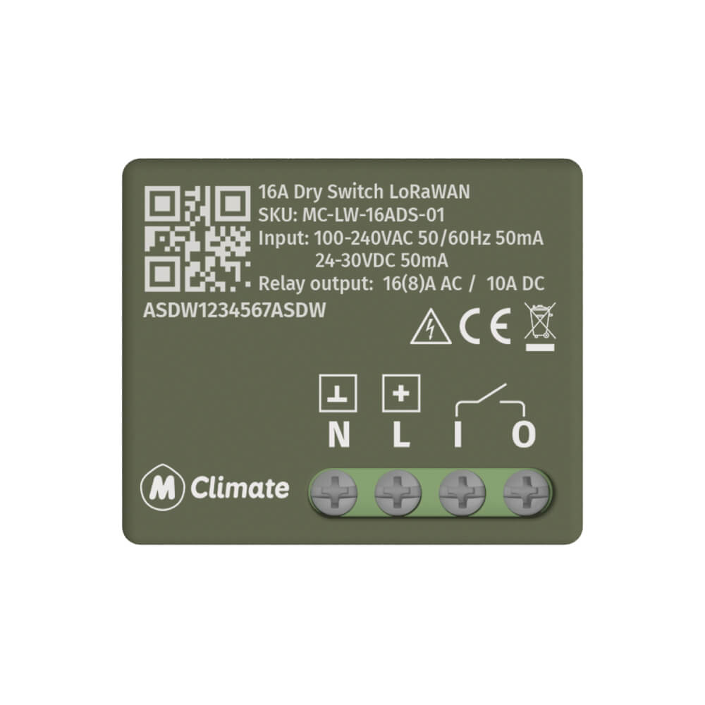 MClimate 16A Dry Switch LoRaWAN miniature smart relay for volt-free control and power monitoring.