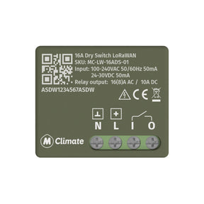 MClimate 16A Dry Switch LoRaWAN miniature smart relay for volt-free control and power monitoring.