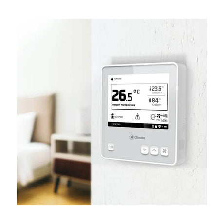 MClimate LoRaWAN Fan Coil Thermostat with 4.2-inch e-ink display for 2-pipe and 4-pipe HVAC systems.