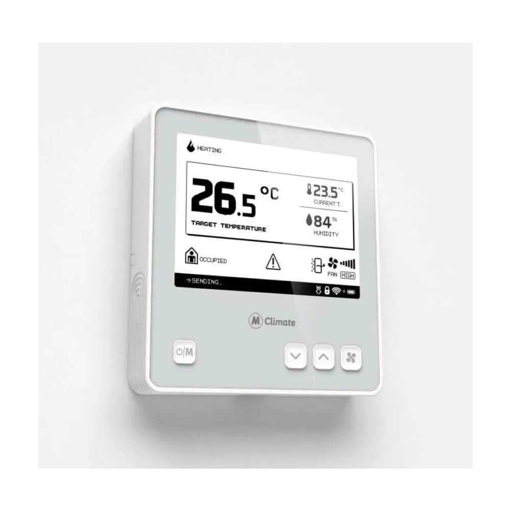 MClimate LoRaWAN Fan Coil Thermostat with 4.2-inch e-ink display for 2-pipe and 4-pipe HVAC systems.