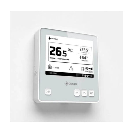 MClimate LoRaWAN Fan Coil Thermostat with 4.2-inch e-ink display for 2-pipe and 4-pipe HVAC systems.