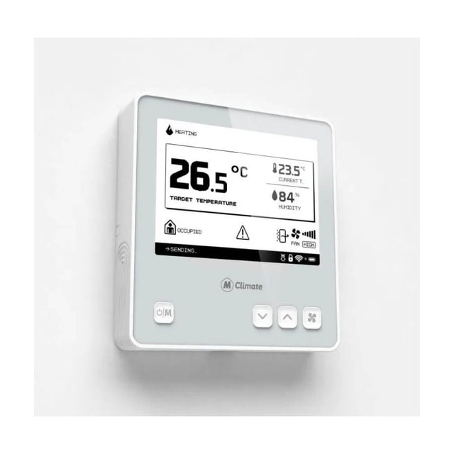 MClimate LoRaWAN Fan Coil Thermostat with 4.2-inch e-ink display for 2-pipe and 4-pipe HVAC systems.