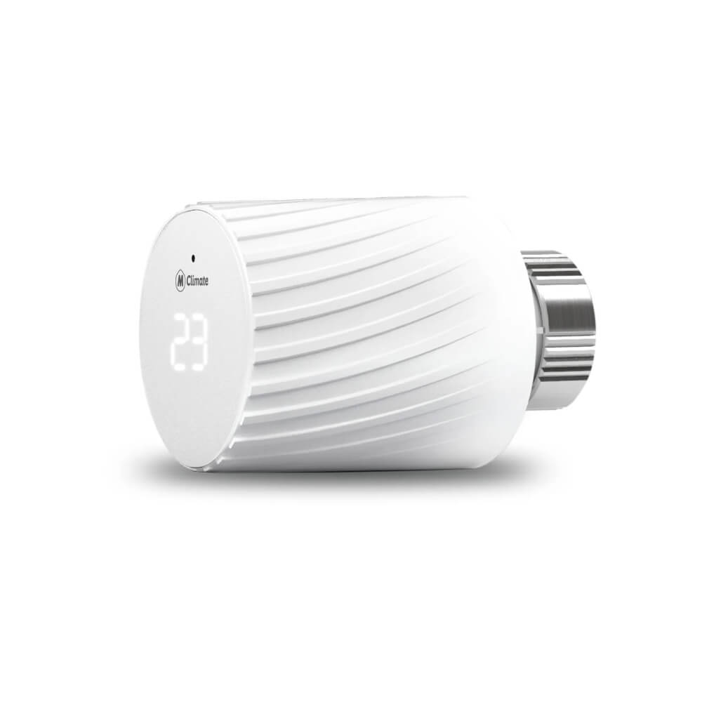 MClimate Vicki LoRaWAN smart thermostatic radiator valve with digital display and manual control ring.