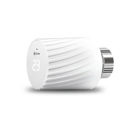 MClimate Vicki LoRaWAN smart thermostatic radiator valve with digital display and manual control ring.