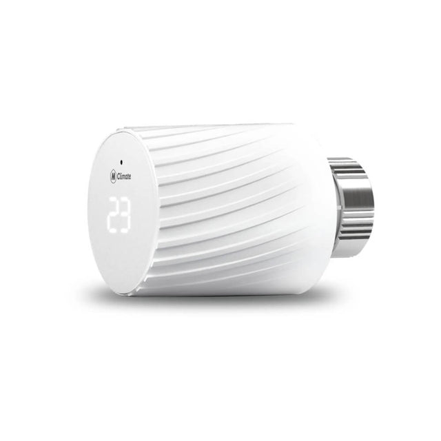 MClimate Vicki LoRaWAN smart thermostatic radiator valve with digital display and manual control ring.