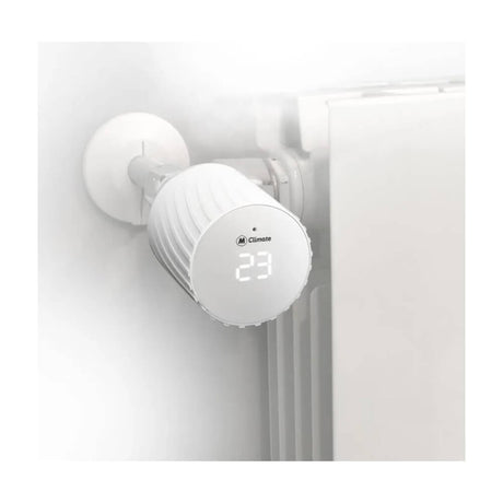 MClimate Vicki LoRaWAN smart thermostatic radiator valve with digital display and manual control ring.