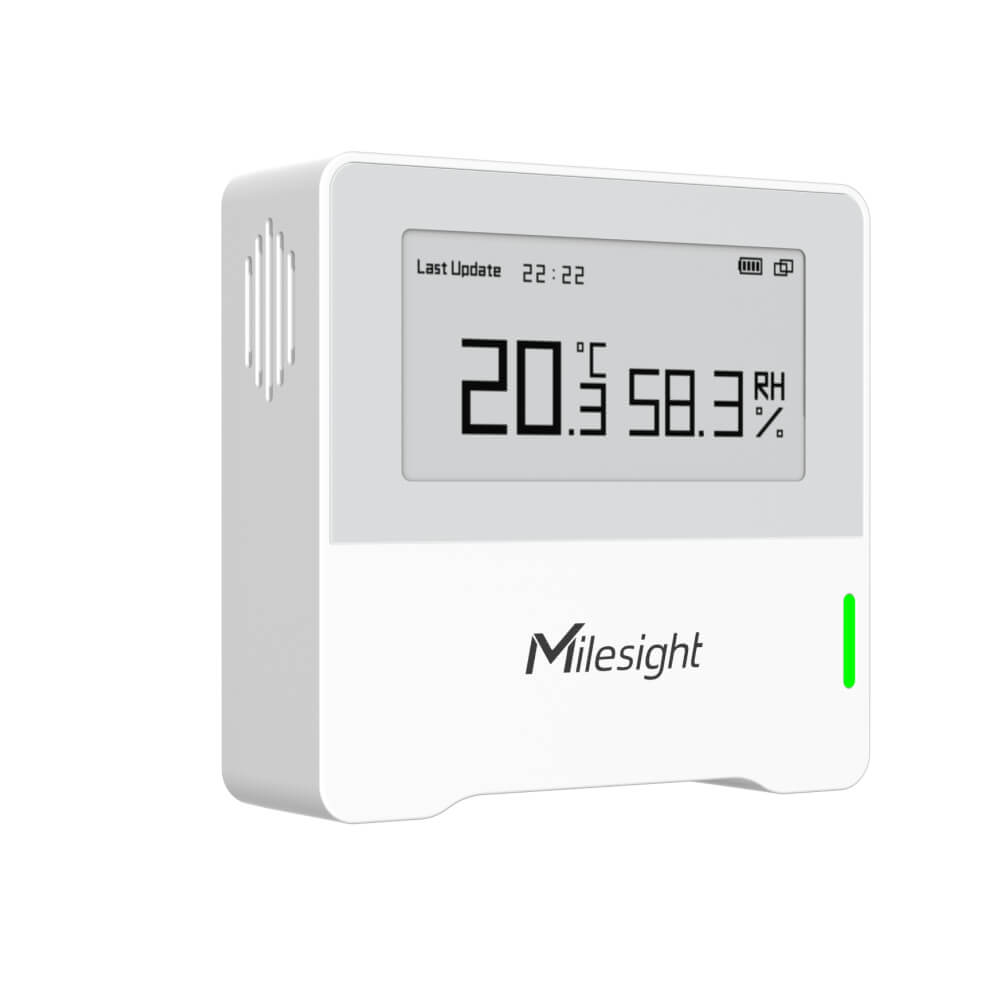 Milesight AM102 and AM102L LoRaWAN Indoor Ambience Sensors for temperature and humidity monitoring with E-ink display.
