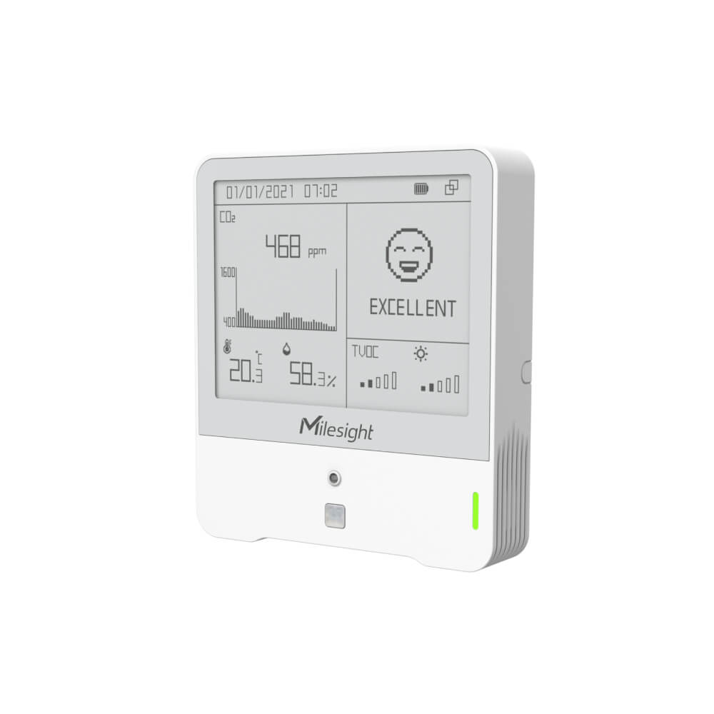 Milesight AM307 indoor ambience sensor with E-ink display monitoring CO2, TVOC, pressure, light, motion, temperature, and humidity.