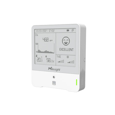 Milesight AM307 indoor ambience sensor with E-ink display monitoring CO2, TVOC, pressure, light, motion, temperature, and humidity.