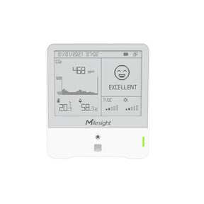 Milesight AM307 indoor ambience sensor with E-ink display monitoring CO2, TVOC, pressure, light, motion, temperature, and humidity.