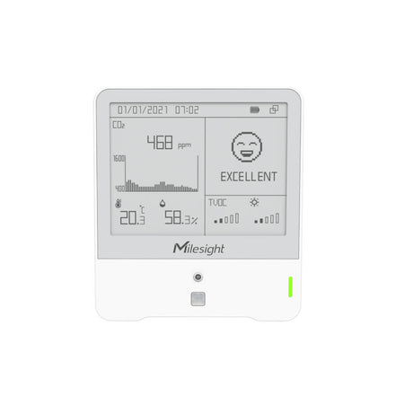 Milesight AM307 indoor ambience sensor with E-ink display monitoring CO2, TVOC, pressure, light, motion, temperature, and humidity.