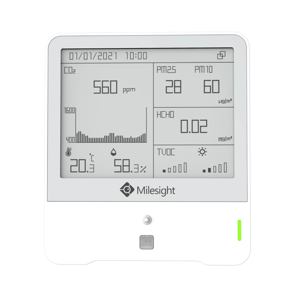 Milesight AM319 LoRaWAN 9-in-1 indoor ambience monitoring sensor featuring Ozone (O3) detection and E-ink display.