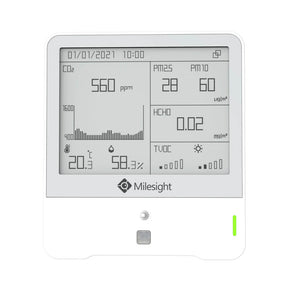 Milesight AM319 LoRaWAN 9-in-1 indoor ambience monitoring sensor featuring Ozone (O3) detection and E-ink display.
