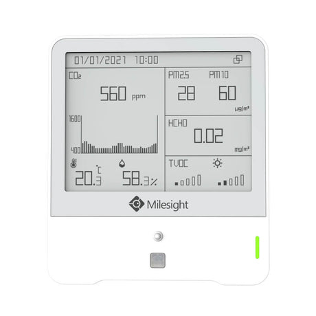 Milesight AM319 LoRaWAN 9-in-1 indoor ambience monitoring sensor featuring Ozone (O3) detection and E-ink display.