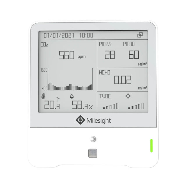 Milesight AM319 LoRaWAN 9-in-1 indoor ambience monitoring sensor featuring Ozone (O3) detection and E-ink display.