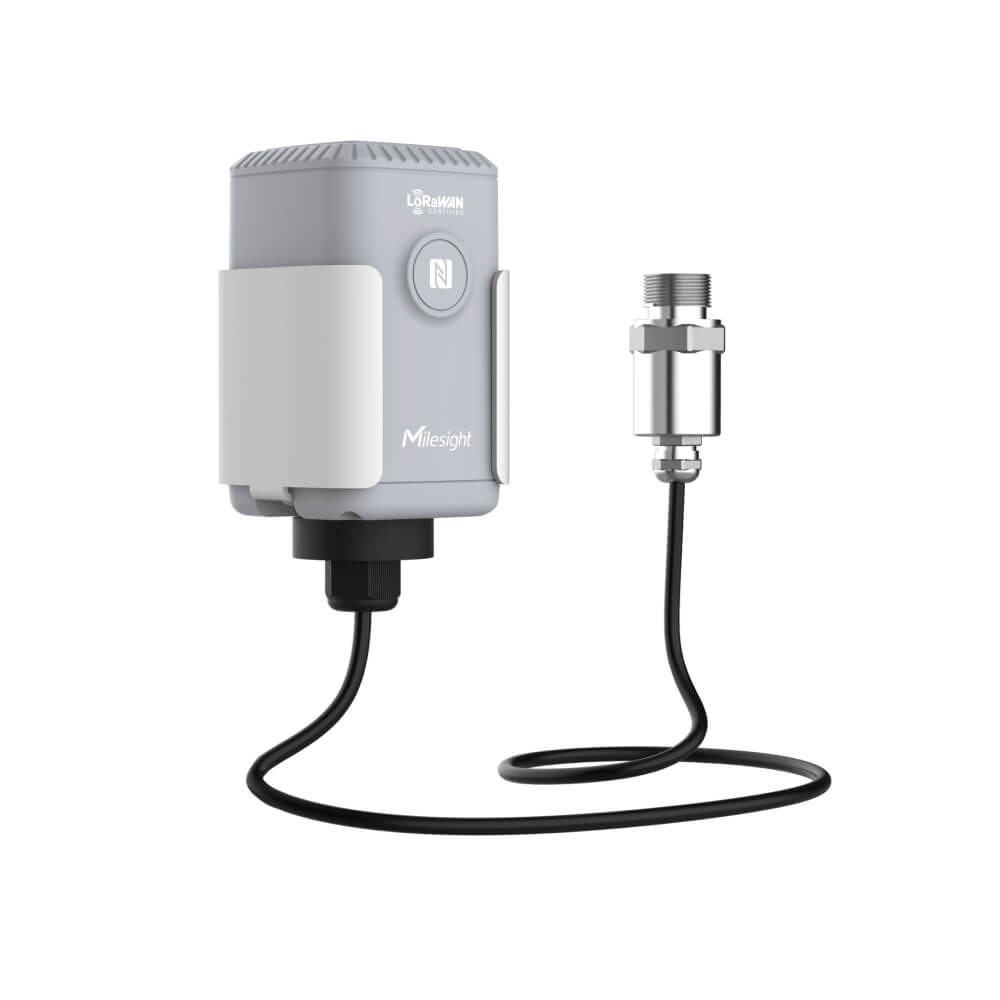 Milesight EM500-PP industrial LoRaWAN pipe pressure sensor with stainless steel probe and IP67 transceiver.