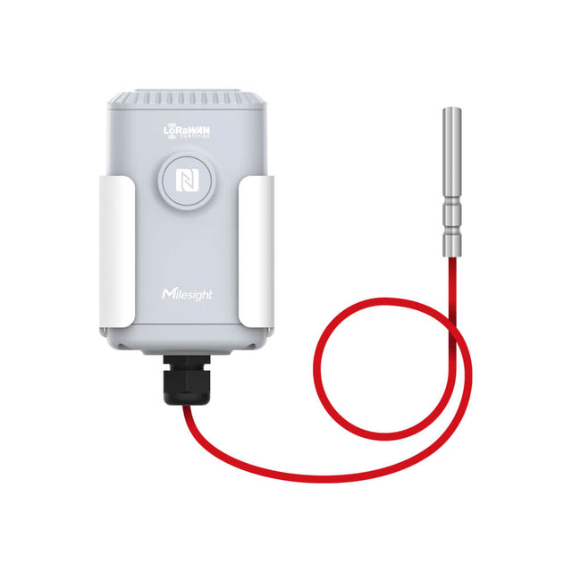 Milesight EM500-PT100 industrial LoRaWAN temperature sensor with platinum resistance probe and IP67 transceiver.