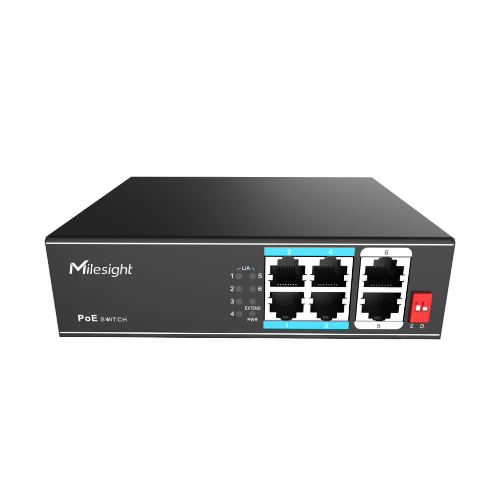 Milesight Industrial PoE Switch Series featuring 4, 8, 16, and 24 port configurations with 250m Extend Mode.