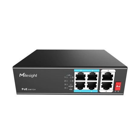 Milesight Industrial PoE Switch Series featuring 4, 8, 16, and 24 port configurations with 250m Extend Mode.