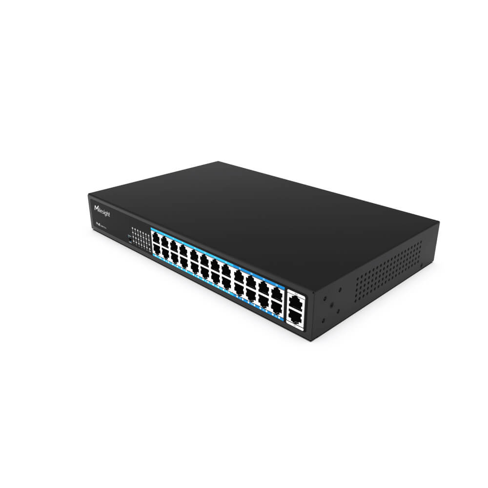 Milesight Industrial PoE Switch Series featuring 4, 8, 16, and 24 port configurations with 250m Extend Mode.