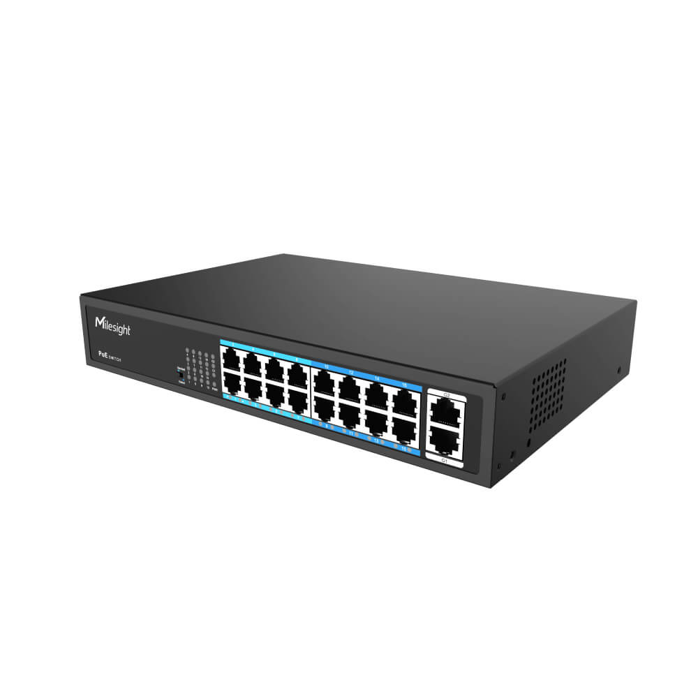 Milesight Industrial PoE Switch Series featuring 4, 8, 16, and 24 port configurations with 250m Extend Mode.