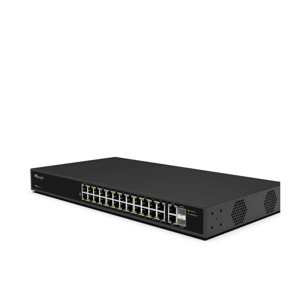 Milesight Industrial PoE Switch Series featuring 4, 8, 16, and 24 port configurations with 250m Extend Mode.