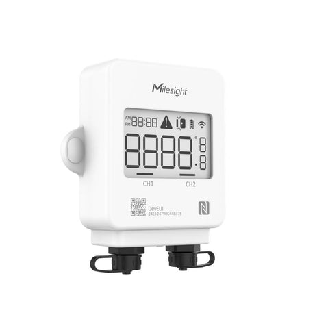 Milesight TS302 dual-channel LoRaWAN temperature sensor with LCD display and support for two PT100 probes.