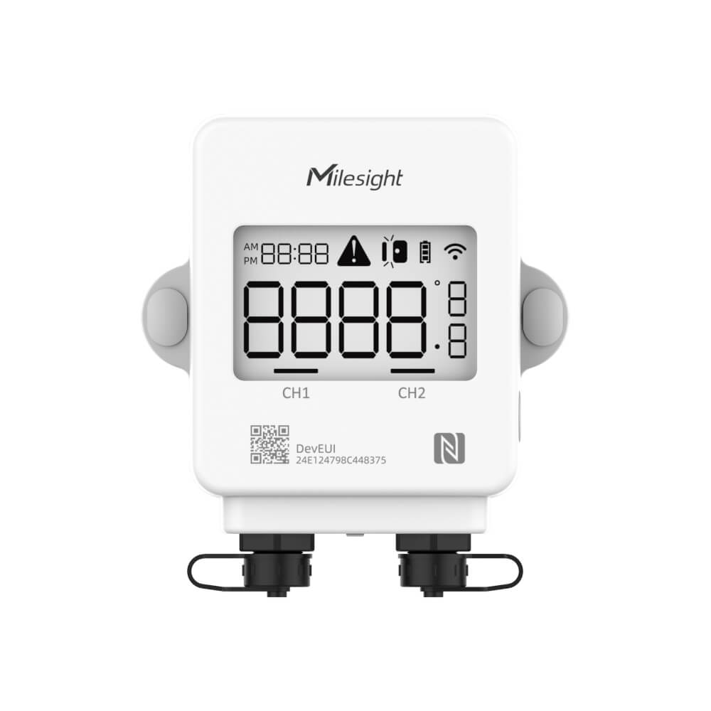 Milesight TS302 dual-channel LoRaWAN temperature sensor with LCD display and support for two PT100 probes.