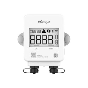 Milesight TS302 dual-channel LoRaWAN temperature sensor with LCD display and support for two PT100 probes.