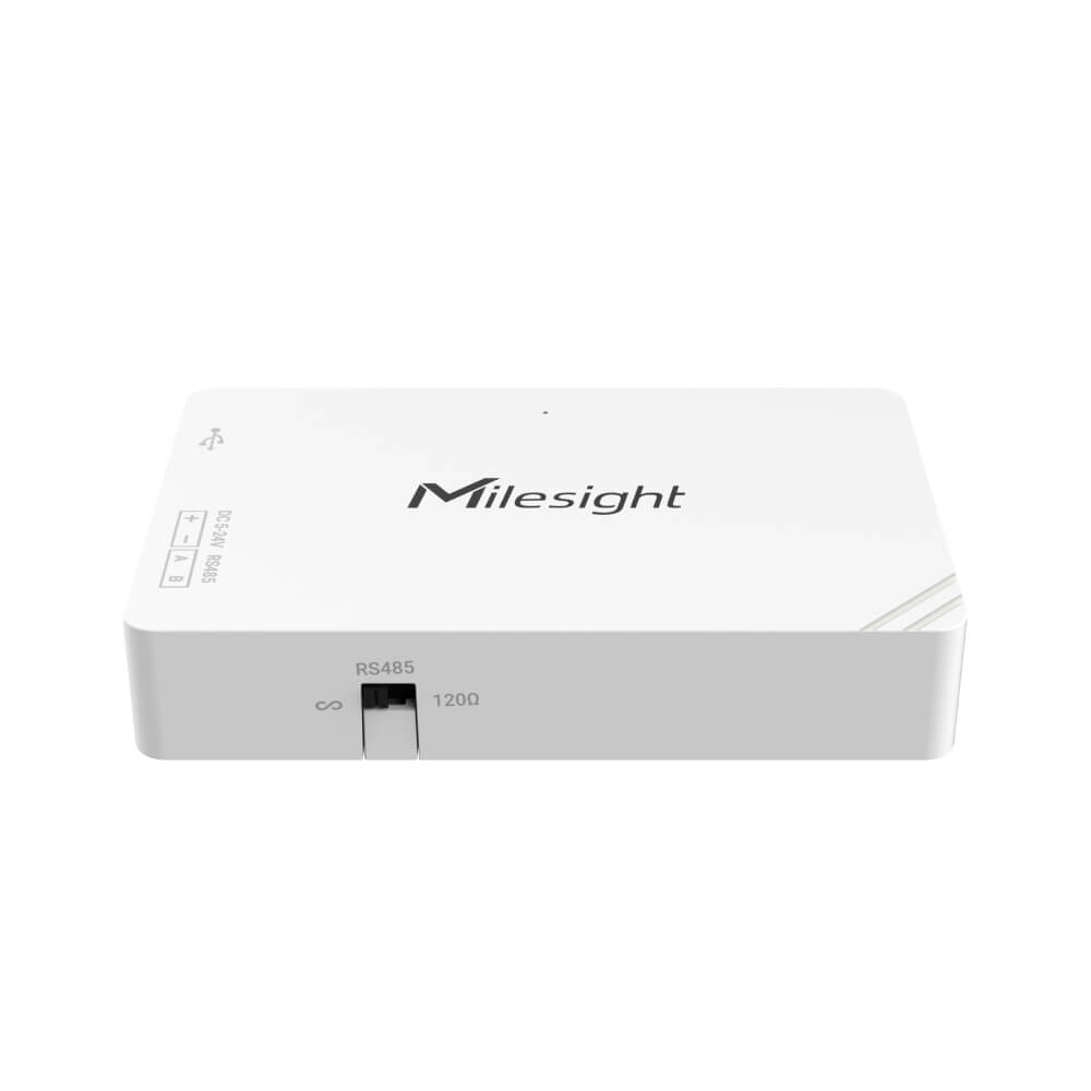 Milesight UC100 LoRaWAN IoT controller for RS485 Modbus RTU data acquisition with internal and external antenna options.