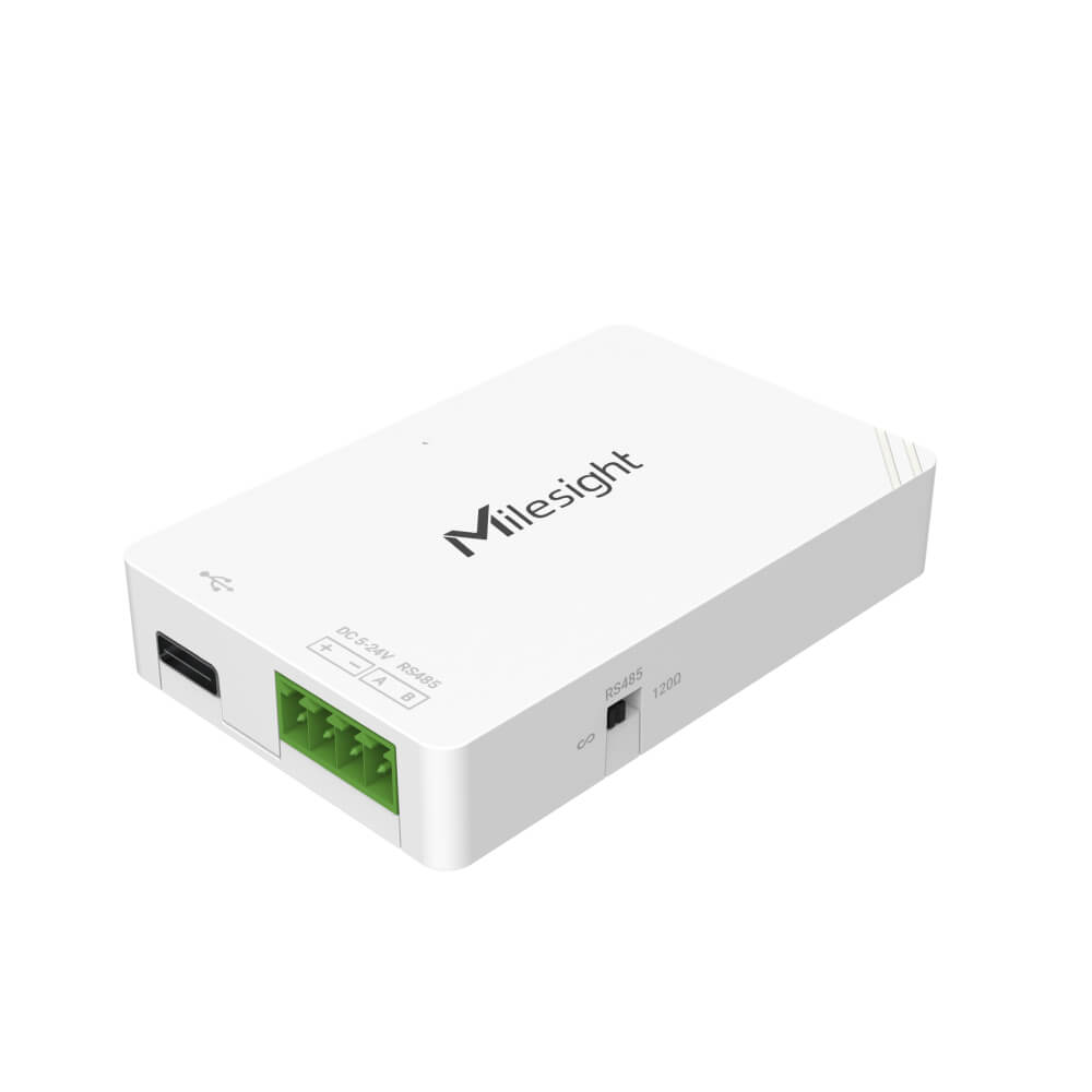 Milesight UC100 LoRaWAN IoT controller for RS485 Modbus RTU data acquisition with internal and external antenna options.