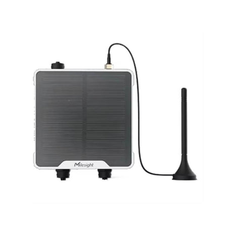 Milesight UC511 solar-powered LoRaWAN solenoid valve controller with IP67 housing and M12 connectors.