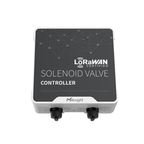 Milesight UC512 battery-powered LoRaWAN solenoid valve controller with IP67 rating and M12 industrial connectors.