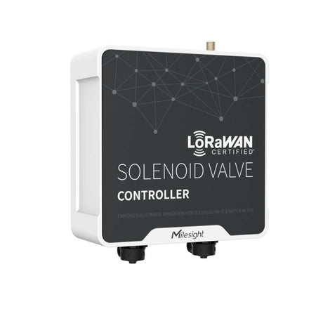 Milesight UC512 battery-powered LoRaWAN solenoid valve controller with IP67 rating and M12 industrial connectors.