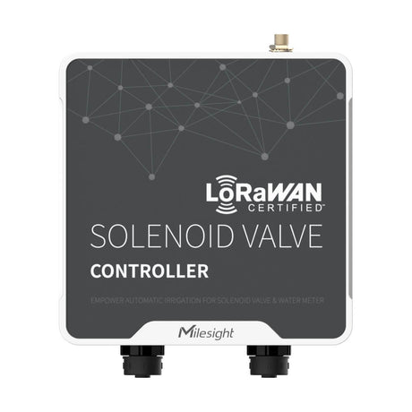 Milesight UC512 battery-powered LoRaWAN solenoid valve controller with IP67 rating and M12 industrial connectors.