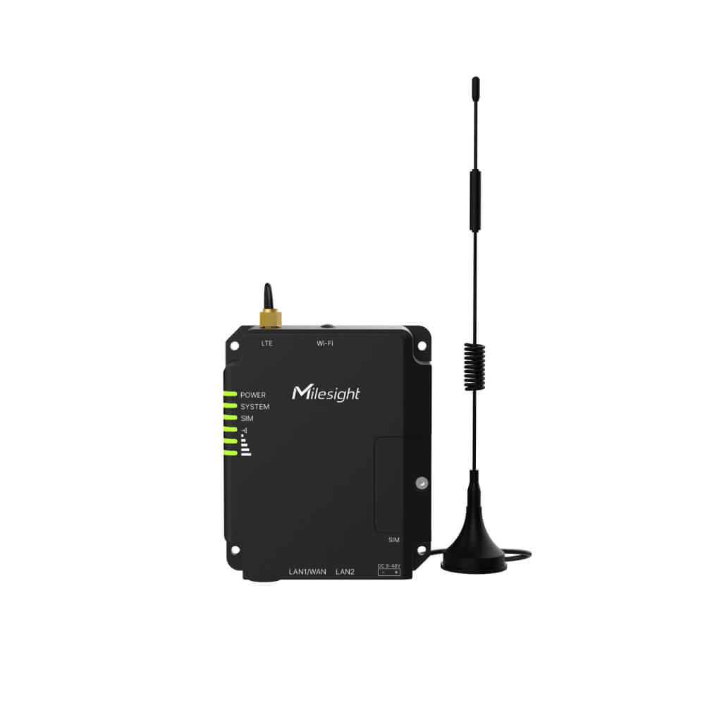Milesight UR32L industrial 4G LTE cellular router with 2 Ethernet ports and rugged IP30 metal housing.