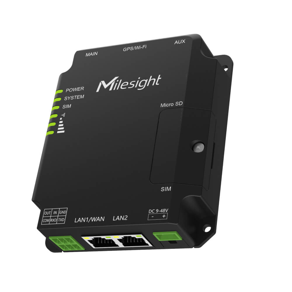 Milesight UR32 industrial 4G LTE cellular router with dual SIM, 2 Ethernet ports, and rugged metal housing.