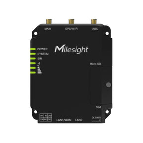 Milesight UR32 industrial 4G LTE cellular router with dual SIM, 2 Ethernet ports, and rugged metal housing.