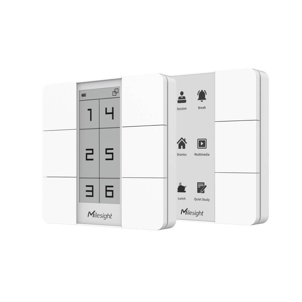 Milesight WS156 and WS136 LoRaWAN smart scene panels with 6-button control and customizable E-ink display.