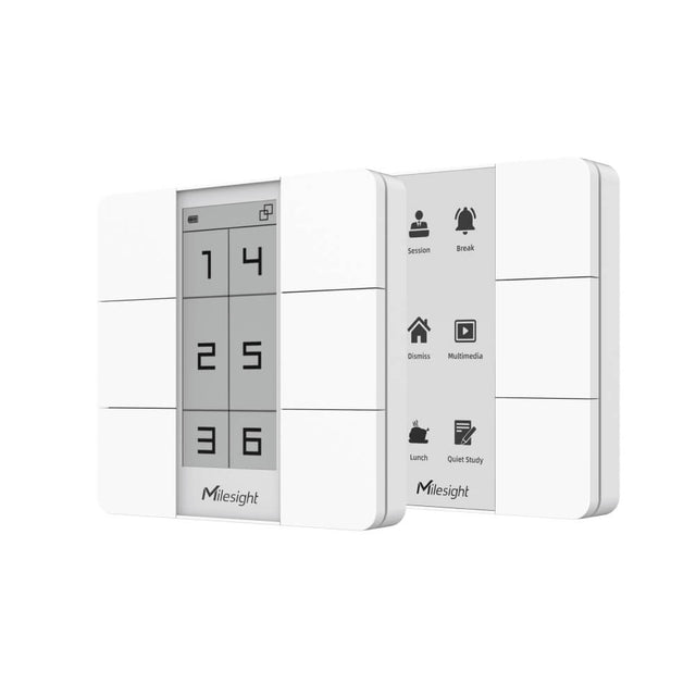 Milesight WS156 and WS136 LoRaWAN smart scene panels with 6-button control and customizable E-ink display.