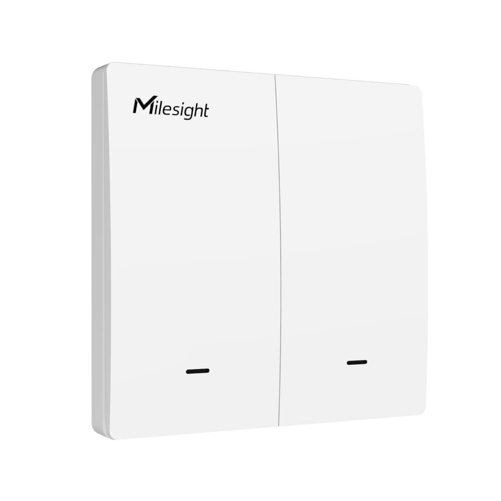 Milesight WS502 dual-button LoRaWAN smart wall switch EU type with independent 2-gang control and energy monitoring.