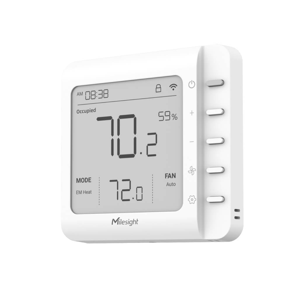 Milesight WT201 LoRaWAN smart thermostat with 4.2-inch LCD screen for industrial HVAC control.