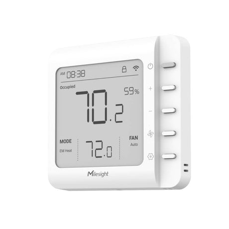 Milesight WT201 LoRaWAN smart thermostat with 4.2-inch LCD screen for industrial HVAC control.