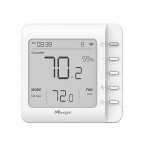 Milesight WT201 LoRaWAN smart thermostat with 4.2-inch LCD screen for industrial HVAC control.
