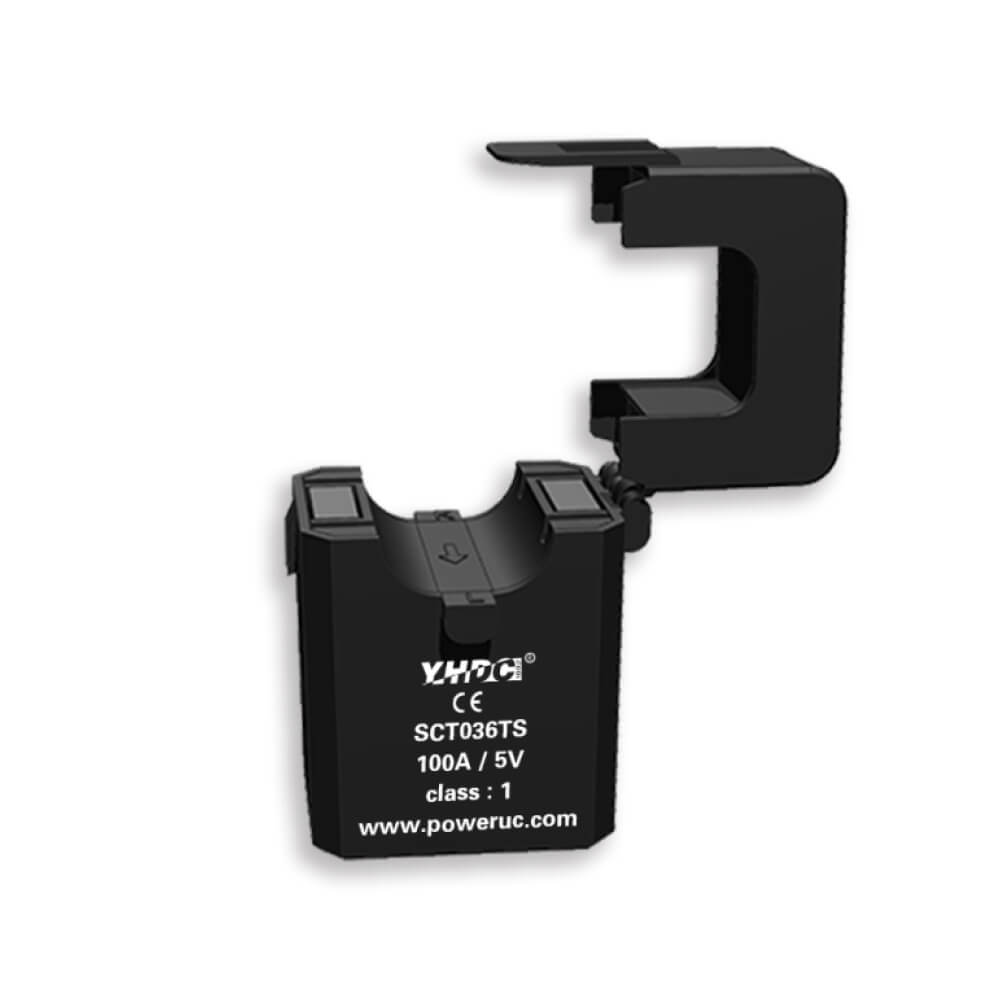 PowerUC SCT036TS split-core current transformer with 36mm aperture and safety lock for industrial energy monitoring.