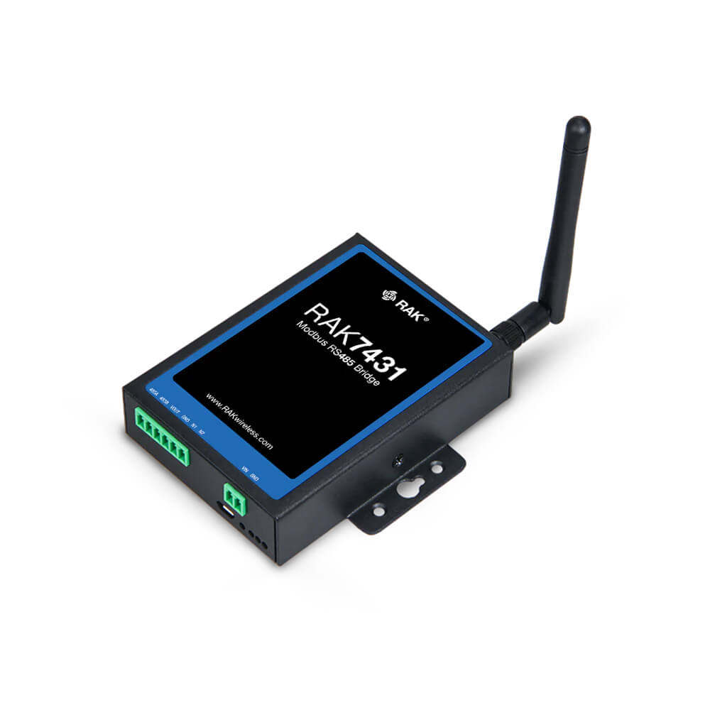 RAK7431 WisNode Bridge Serial industrial RS485 to LoRaWAN converter with Modbus RTU support and DIN rail mounting.