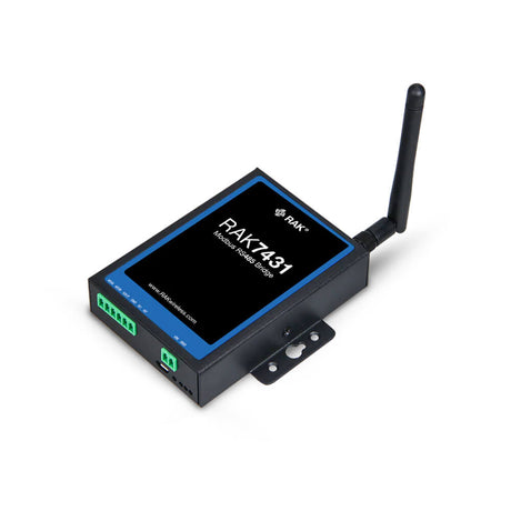 RAK7431 WisNode Bridge Serial industrial RS485 to LoRaWAN converter with Modbus RTU support and DIN rail mounting.